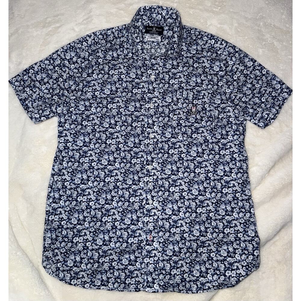 Psycho Bunny Button Up Shirt Mens Medium Blue Floral Short Sleeve